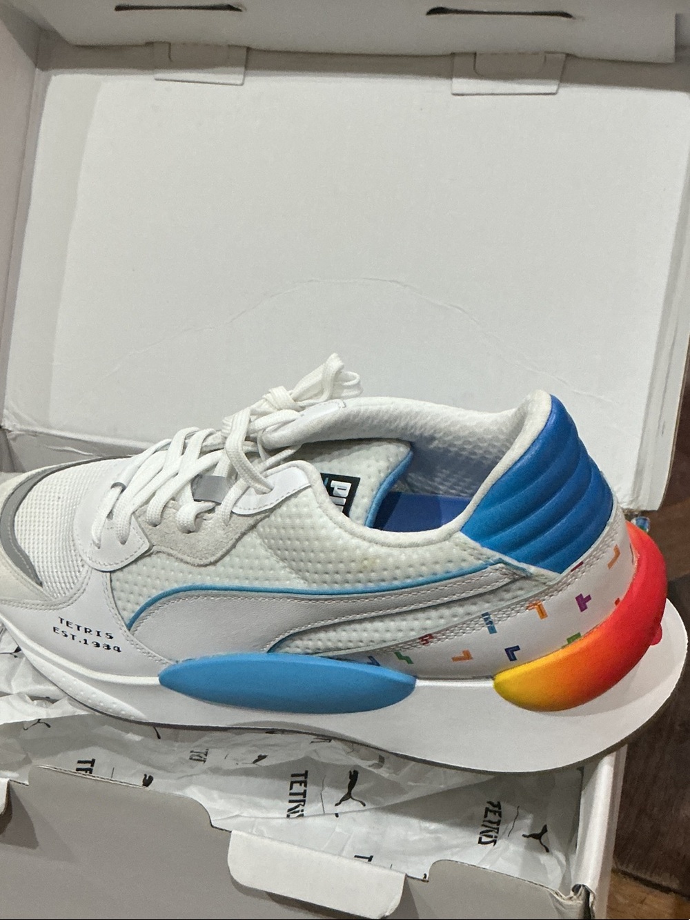 Puma RS 9.8 X TETRIS Mens White Sneakers with Blue and Yellow Tetris Accents - Picture 2 of 3